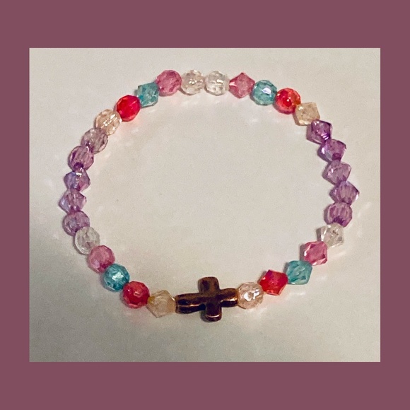 Handmade Multicolor Bicone and Round Bead Bracelet W/ Antique Gold Metal Cross - Picture 2 of 3